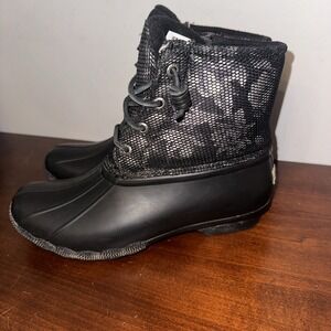 Sperry Saltwater Duck Boots Womens Sz 8 Black Rubber‎ Quilted Zip Waterproof